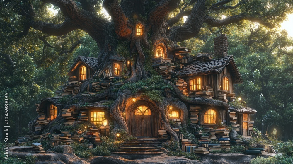 Fototapeta premium Enchanted Treehouse Library, Forest Night