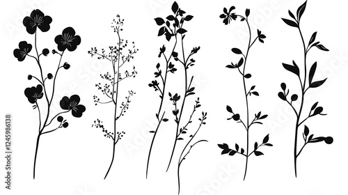 Elegant Black and White Botanical Silhouettes: A Collection of Floral and Plant Stems