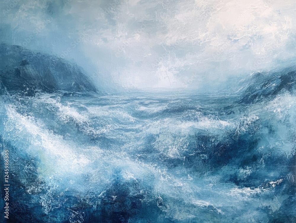 Dramatic Seascape Painting with Crashing Waves and Misty Coastal Views Dramatic Seascape Painting with Crashing Waves and Misty Coastal Views