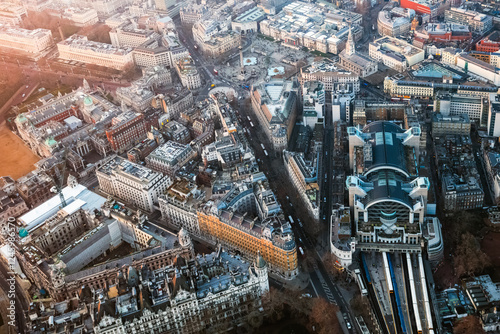 Aerial of Charing cross station and Trafalgar square, London, England