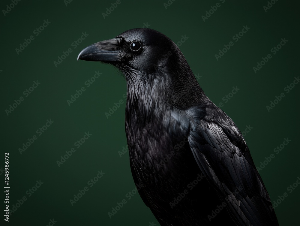Fototapeta premium A striking portrait of a raven against a dark green background.