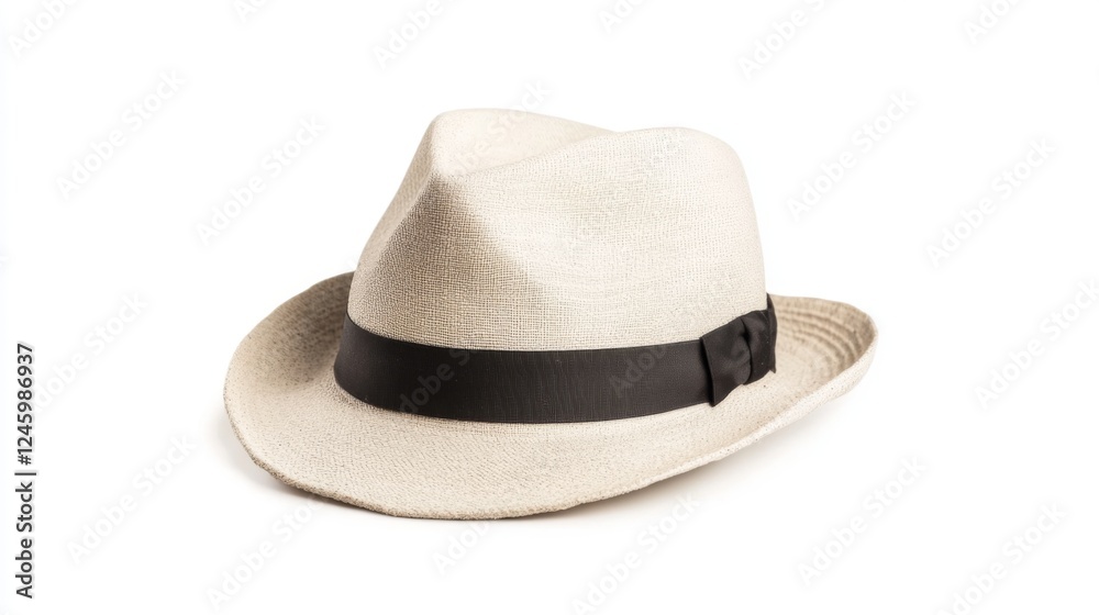 Beige fedora hat, black ribbon, white background, fashion accessory Beige fedora hat, black ribbon, white background, fashion accessory