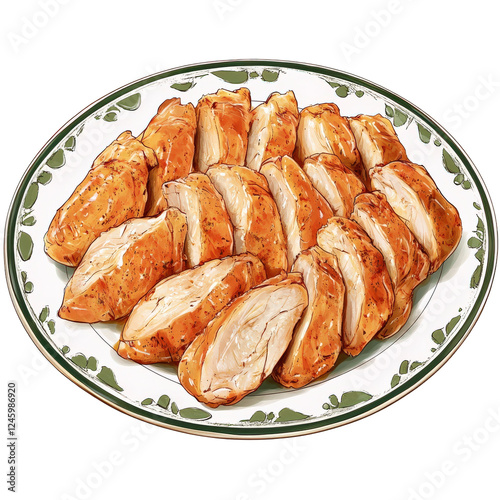 A plate of artistically presented golden-brown roasted chicken slices, arranged harmoniously in the center, rendered in a high-quality digital illustration style with delicate textures, transparent ba