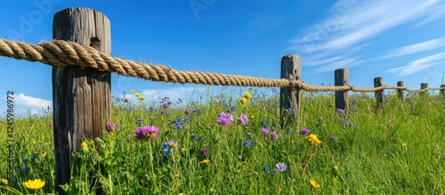 Wallpaper Mural Wooden fence posts secured with rope in a vibrant field of wildflowers under a clear blue sky capturing rural tranquility and nature's beauty Torontodigital.ca
