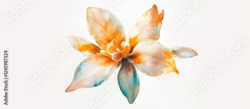 Fototapeta Naklejka Na Ścianę i Meble -  Elegant watercolor orchid flower with soft orange and blue hues isolated on white background for botanical design and decor.