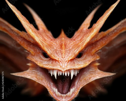 A ferocious orange dragon with sharp teeth and a menacing stare.