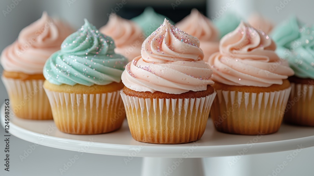 Delicious cupcakes with pastel frosting and sprinkles on a white cake stand. Delicious cupcakes with pastel frosting and sprinkles on a white cake stand.