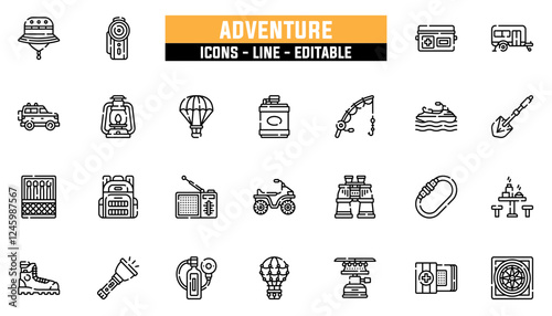 Set of 25 line icons adventure. Editable stroke. Vector illustration