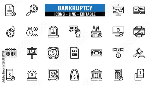 Set of 25 line icons bankruptcy. Editable stroke. Vector illustration
