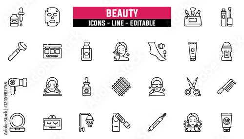 Set of 25 line icons beauty. Editable stroke. Vector illustration