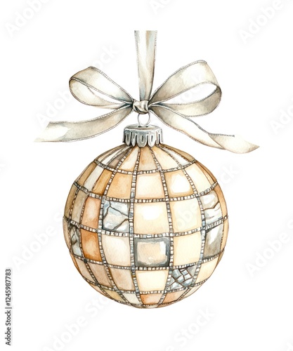 Watercolor illustration of a cream Christmas ball with mosaic pattern adorned with a silver ribbon tied in a bow isolated on white background.