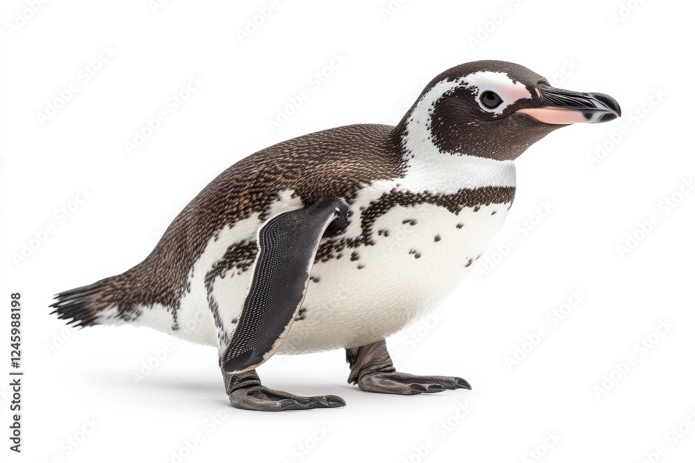 Obraz premium Adorable Young Penguin Standing on White Background with Detailed Feathers and Bright Eyes