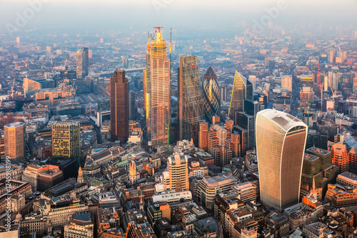 Aerial view of London financial district skyline at sunset, UK photo