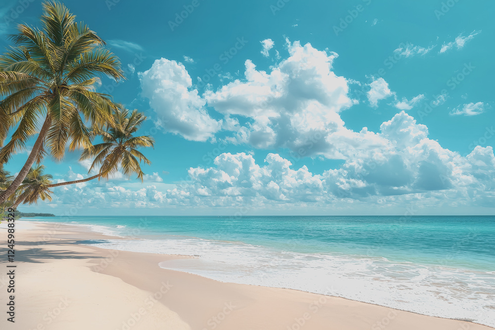 Palm tree standing on a sandy beach under a clear blue sky with no clouds in sight creating a tranquil tropical atmosphere for relaxation and leisure activities Palm tree standing on a sandy beach under a clear blue sky with no clouds in sight creating a tranquil tropical atmosphere for relaxation and leisure activities