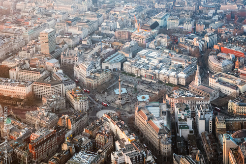 Aerial view of Trafalgar square at sunset, London, United Kingdom
