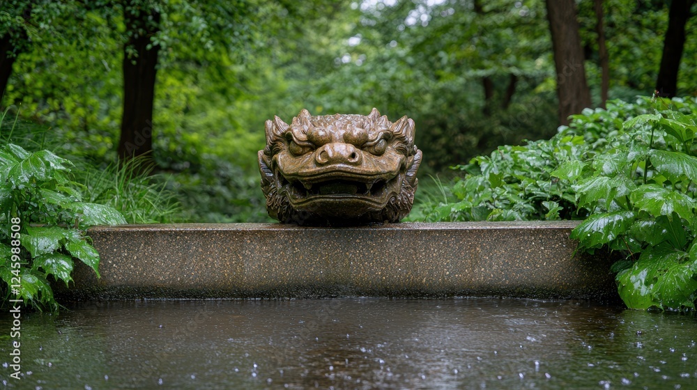 A stone dragon statue sits above a pool of water in a lush green garden. A stone dragon statue sits above a pool of water in a lush green garden.