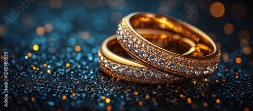 Elegant gold wedding rings adorned with diamonds on a shimmering dark background with ample space for text or design elements. photo