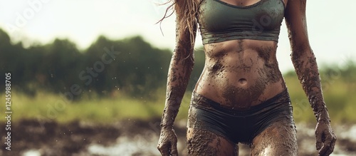 Female athlete showcasing determination with mud-covered midriff after a challenging competition in a natural outdoor setting