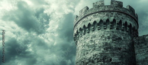 Fortified tower under dramatic sky with enhanced defensive features and space for customizable text overlay