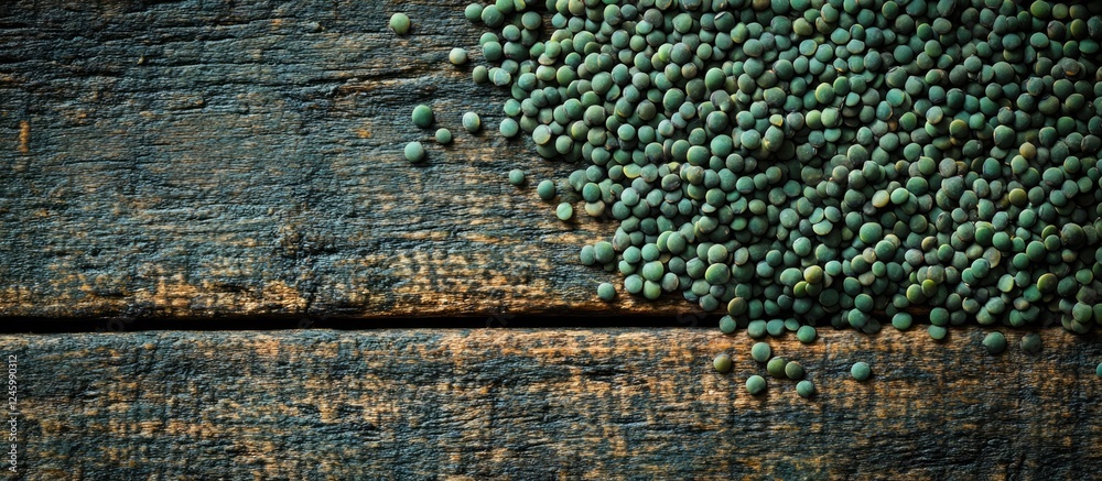 Fototapeta premium Green dry lentils scattered on rustic wood surface showcasing their texture in a top view close-up format for culinary and food photography.