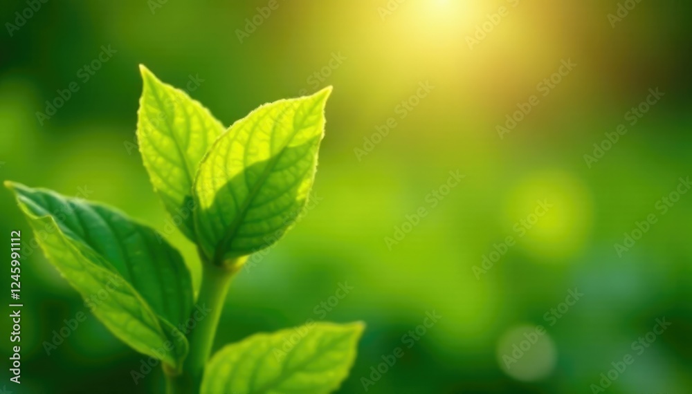 Delicate green leaves unfurl in warm sunlight, petals, growth Delicate green leaves unfurl in warm sunlight, petals, growth