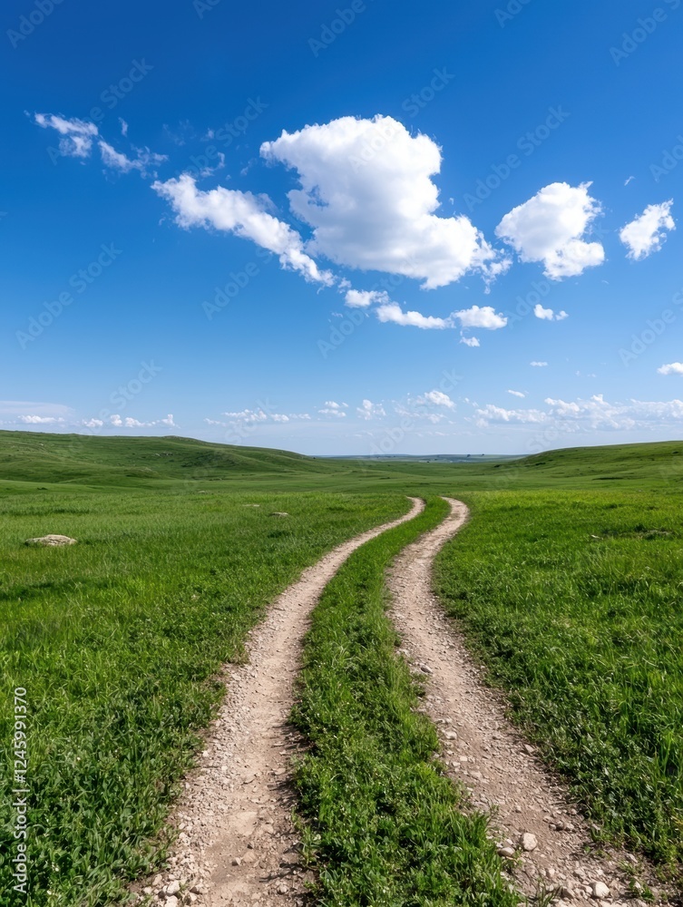 Scenic dirt road winding through a green grassy landscape under a blue sky with clouds. Scenic dirt road winding through a green grassy landscape under a blue sky with clouds.
