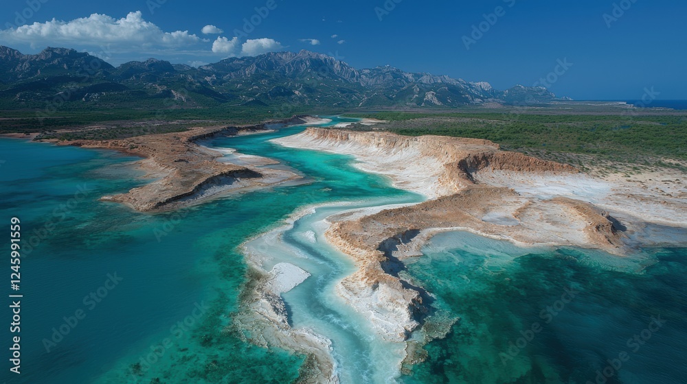 Aerial view of a turquoise river flowing into the sea with mountains in the background. Aerial view of a turquoise river flowing into the sea with mountains in the background.