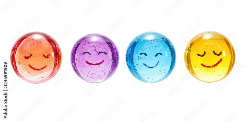 Emotions depicted by colorful soap bubbles with smiling faces isolated on white background for creative expressions and concepts Emotions depicted by colorful soap bubbles with smiling faces isolated on white background for creative expressions and concepts