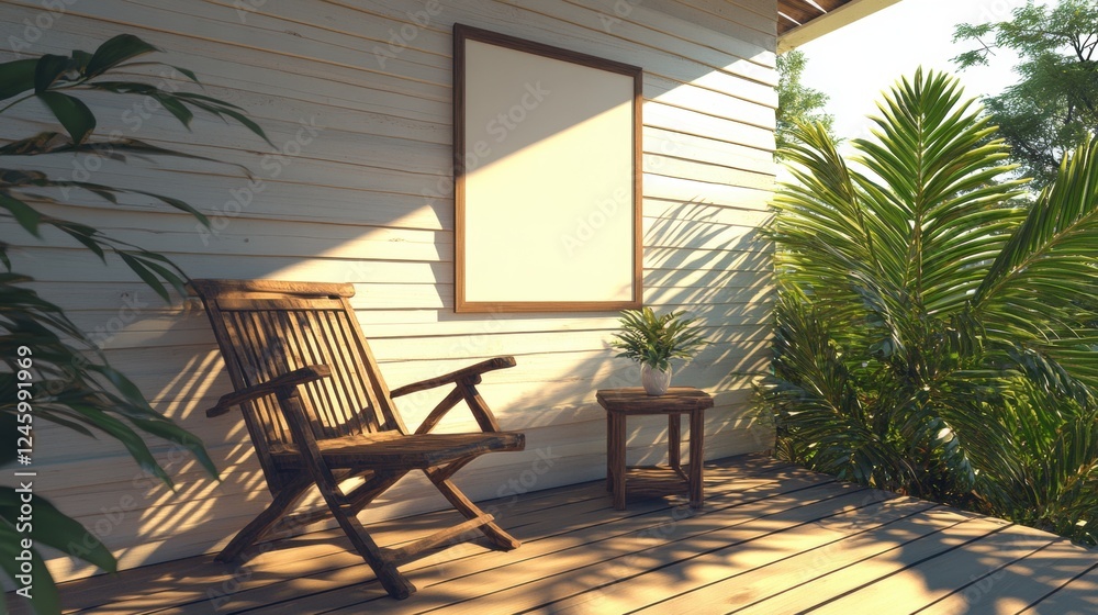 Cozy Outdoor Space with Chair, Table, and Blank Framed Canvas Cozy Outdoor Space with Chair, Table, and Blank Framed Canvas