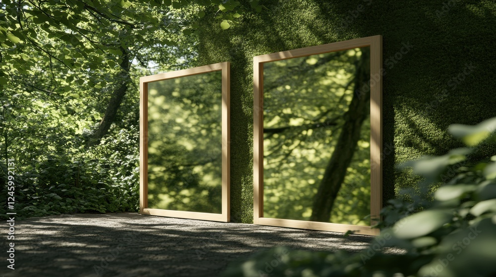 Reflections of Nature in Mirrors Surrounded by Lush Greenery