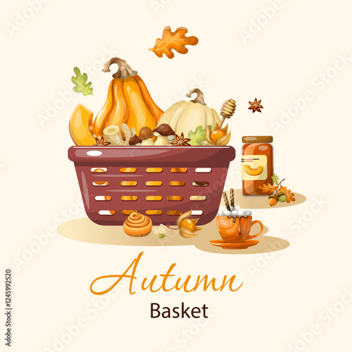 Grocery basket autumn food hand drawn illustration