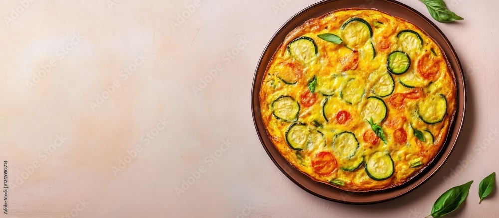 Colorful frittata with zucchini cheese and vegetables on a rustic background with blank space for text or recipe details Colorful frittata with zucchini cheese and vegetables on a rustic background with blank space for text or recipe details