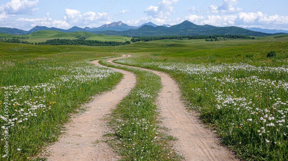 Winding dirt road through a wildflower meadow in the mountains. Winding dirt road through a wildflower meadow in the mountains.