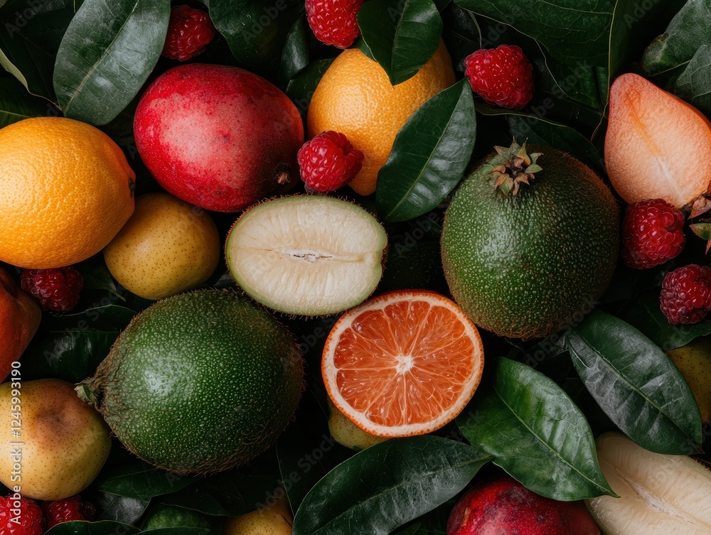 A vibrant display of assorted fresh fruits and green leaves. A vibrant display of assorted fresh fruits and green leaves.