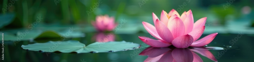 Delicate lotus blooms float on water's surface, peaceful scene, nature, bloom Delicate lotus blooms float on water's surface, peaceful scene, nature, bloom
