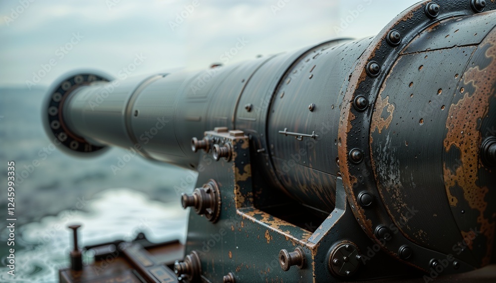 Weathered Naval Cannon Overlooking Serene Maritime Landscape with Historical Depth Weathered Naval Cannon Overlooking Serene Maritime Landscape with Historical Depth