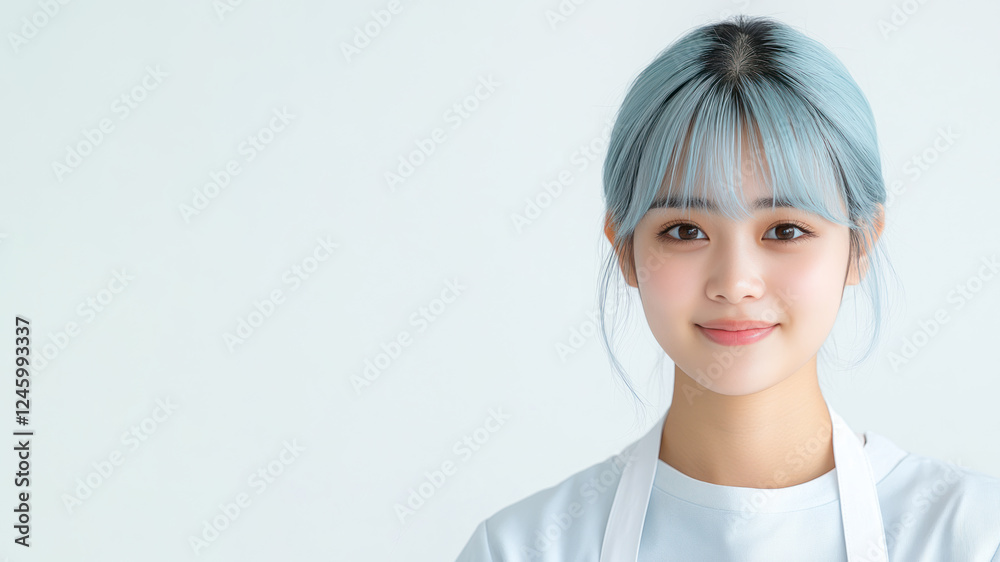 Blue hair young chef woman smiling isolated on white background Blue hair young chef woman smiling isolated on white background