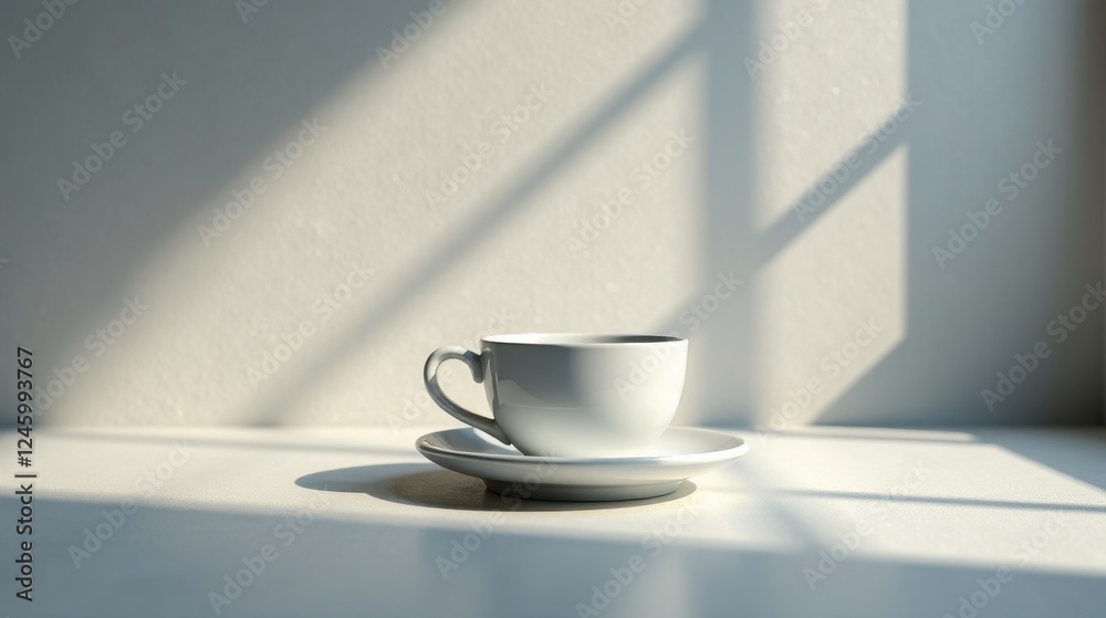 A serene morning scene featuring a simple white teacup and saucer, bathed in the soft glow of sunlight streaming through a window, creating a tranquil and peaceful atmosphere. A serene morning scene featuring a simple white teacup and saucer, bathed in the soft glow of sunlight streaming through a window, creating a tranquil and peaceful atmosphere.