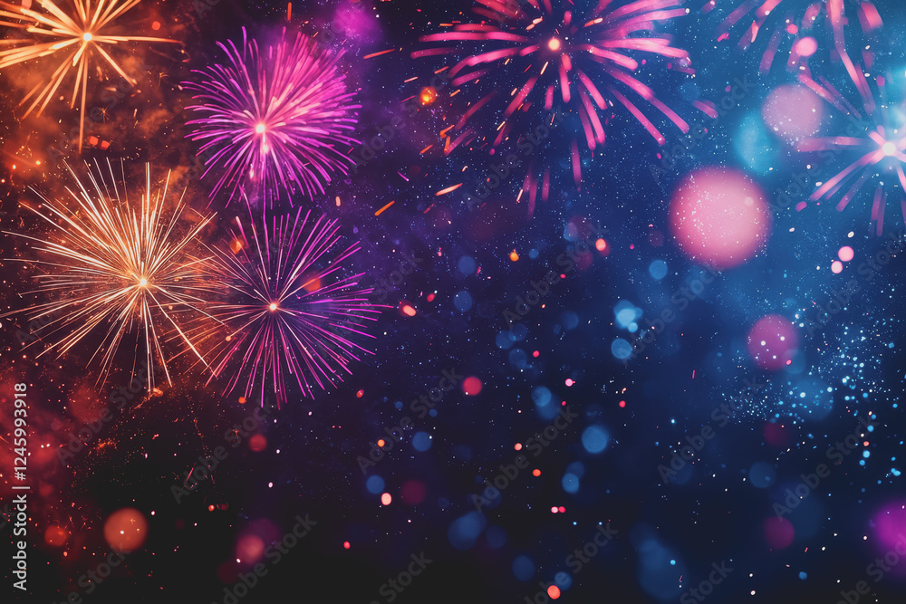 Obraz premium Colorful fireworks display bursting in various patterns against a dark night sky creating a vibrant celebration atmosphere