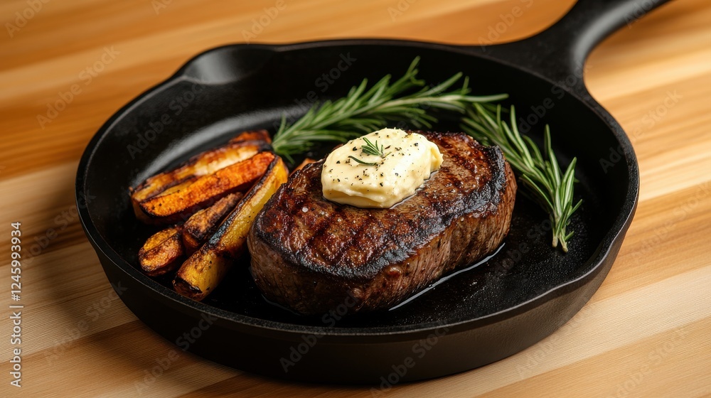A juicy steak topped with butter, served with roasted carrots and herbs in a cast iron skillet on a wooden surface. A juicy steak topped with butter, served with roasted carrots and herbs in a cast iron skillet on a wooden surface.