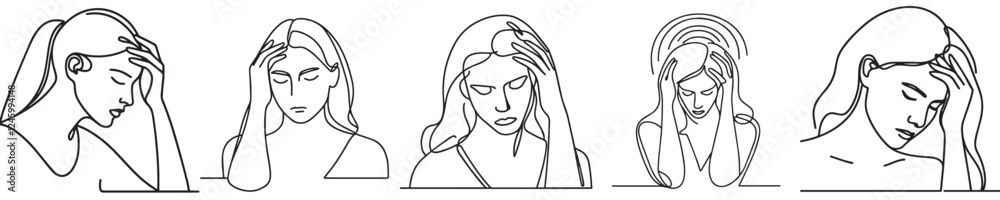 set continuous line woman headache set continuous line woman headache