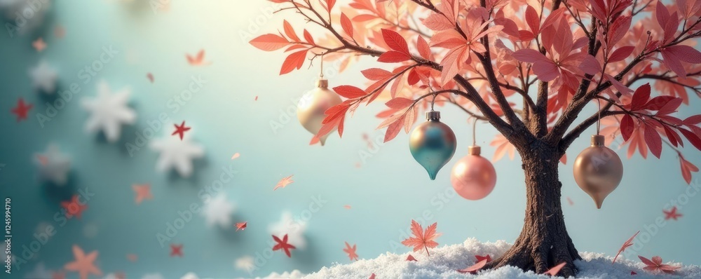 Obraz premium Delicate paper ornaments scattered around a tree made of torn paper pieces, torn paper, paper art, decorations