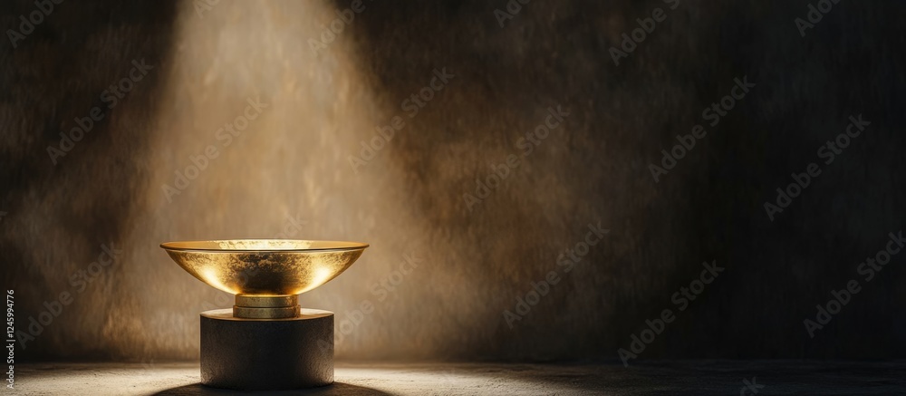 Golden trophy cup on pedestal illuminated by spotlight with dark background ideal for award or achievement themed designs Golden trophy cup on pedestal illuminated by spotlight with dark background ideal for award or achievement themed designs