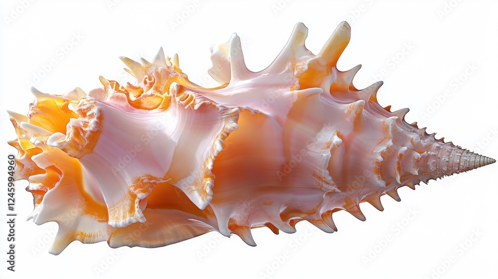 Elegant Sea Shell with Ridges and Whorls Displayed on White Background Elegant Sea Shell with Ridges and Whorls Displayed on White Background
