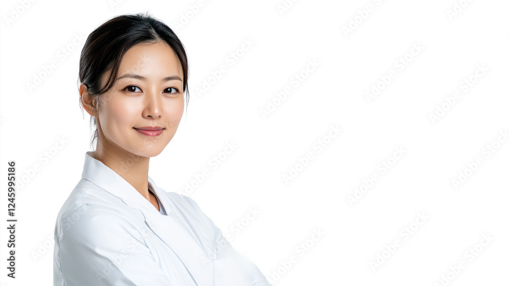 Chinese young chef woman smiling isolated on white background Chinese young chef woman smiling isolated on white background