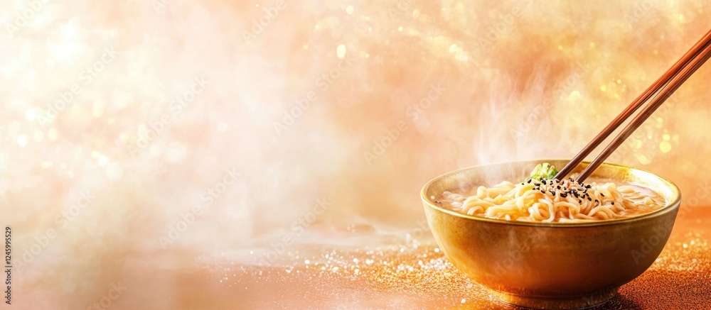 Fototapeta premium Golden Noodle Bowl Close-Up with Chopsticks Artistic Background for Ramen Style Soup Concept Banner and Copy Space for Text