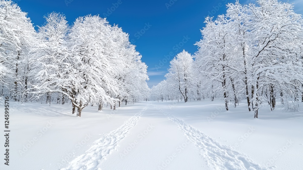 Snow-covered path through winter forest, blue sky Snow-covered path through winter forest, blue sky
