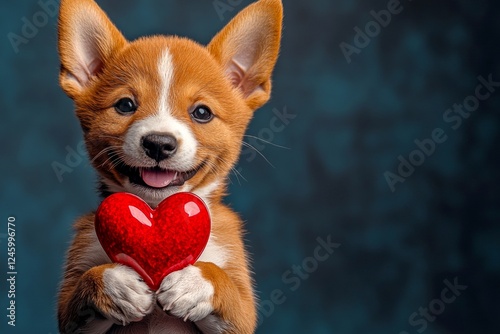 Basenji - my beloved dog. Cute basenji canine with diamond red heart - symbol of love, funny greeting card. Digital ads conceptual art visual design. Dog cuddling heart. Pet photography. photo