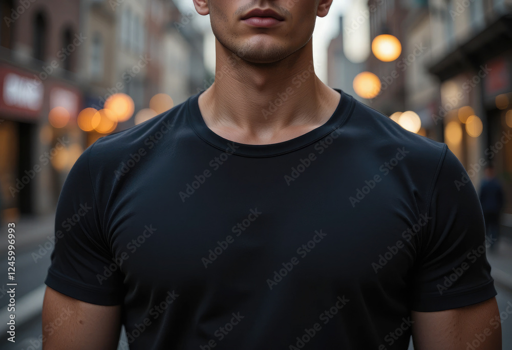 Young Male Model Wearing Black T-Shirt, Casual Shirt Mockup Template for Design. Young Male Model Wearing Black T-Shirt, Casual Shirt Mockup Template for Design.