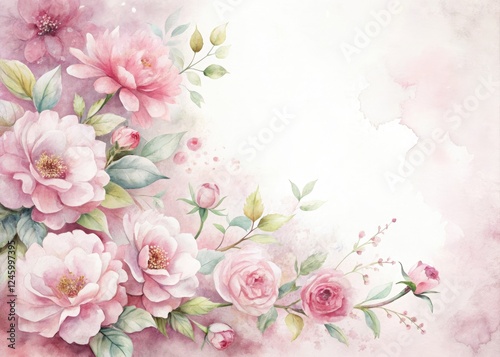 Delicate pink watercolor flowers bloom on a pristine white background, showcasing elegant artistic texture.